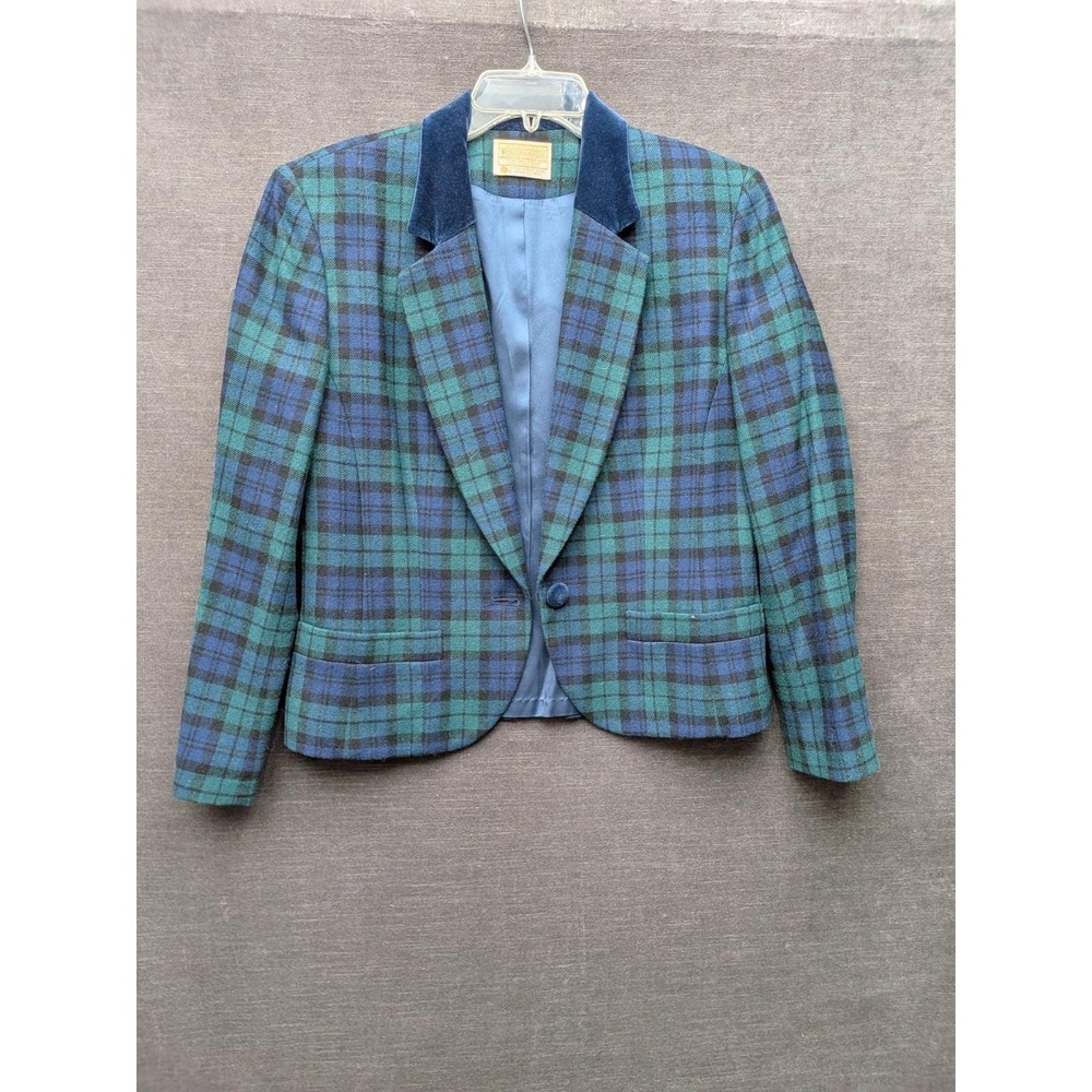 Vtg Pendleton Green/Blue Wool Plaid Blazer Velvet Collar 70s Chic Quiet Luxury 8